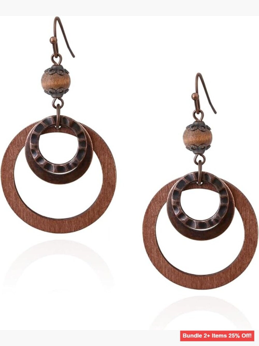 Lightweight Handmade Copper Hammered Wood Circle Dangle Earrings